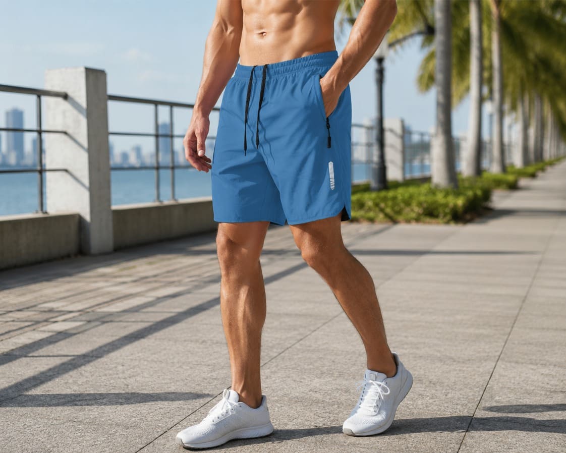 Man wearing blue athletic running shorts with zippered pockets and drawstring waist while walking outdoors on a sunny waterfront promenade.