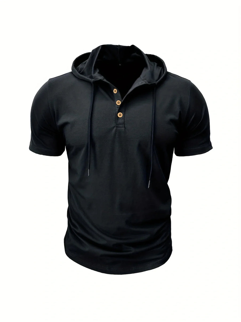 New Men Hooded T-Shirt Gym Fitness Bodybuilding Sport Hoodie Slim Solid Color Breathable Short Sleeve Muscle Henry Collar Shirt