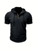 New Men Hooded T-Shirt Gym Fitness Bodybuilding Sport Hoodie Slim Solid Color Breathable Short Sleeve Muscle Henry Collar Shirt