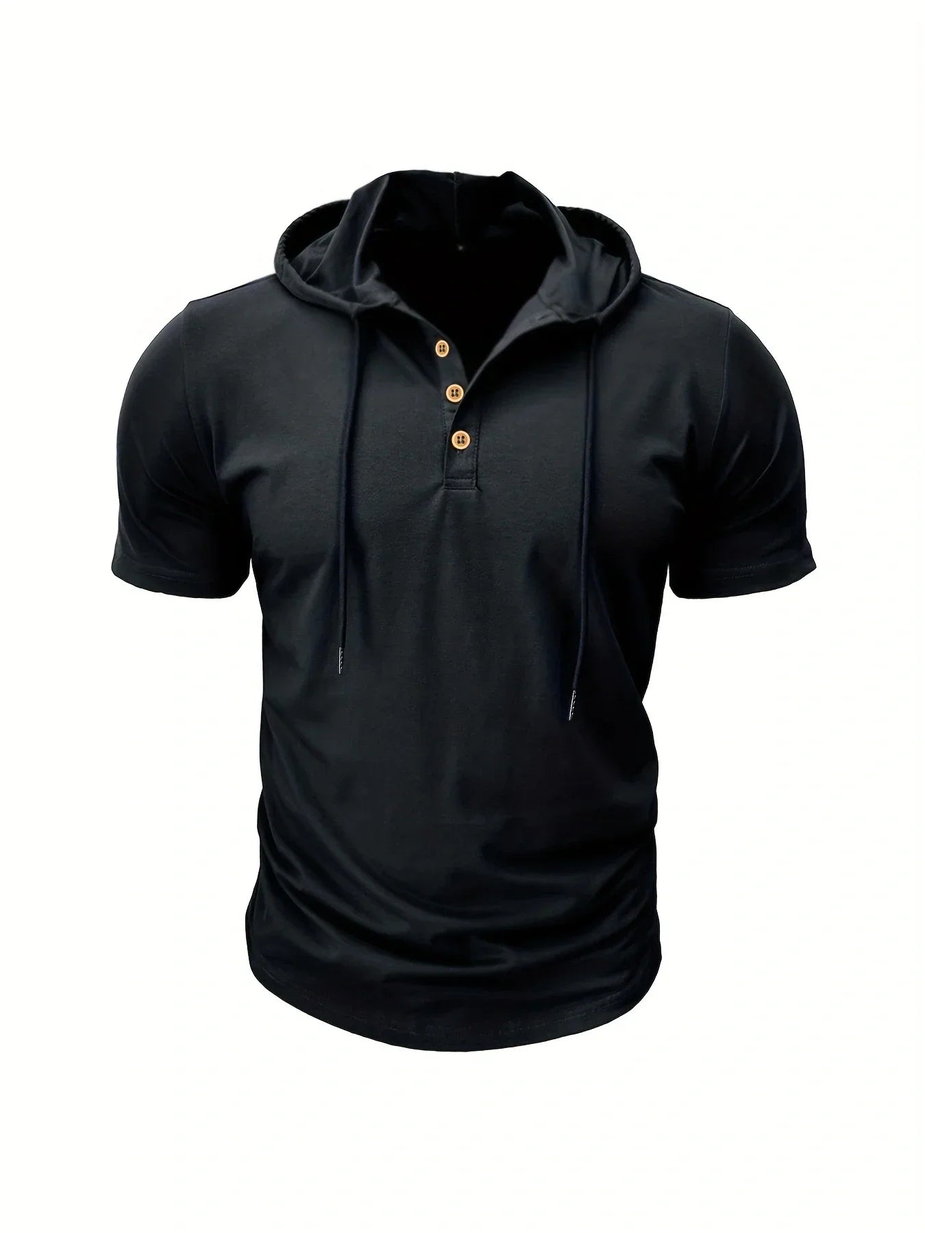 New Men Hooded T-Shirt Gym Fitness Bodybuilding Sport Hoodie Slim Solid Color Breathable Short Sleeve Muscle Henry Collar Shirt