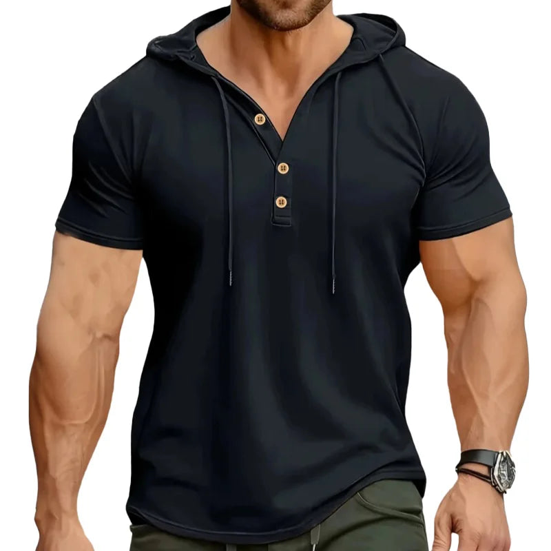 New Men Hooded T-Shirt Gym Fitness Bodybuilding Sport Hoodie Slim Solid Color Breathable Short Sleeve Muscle Henry Collar Shirt