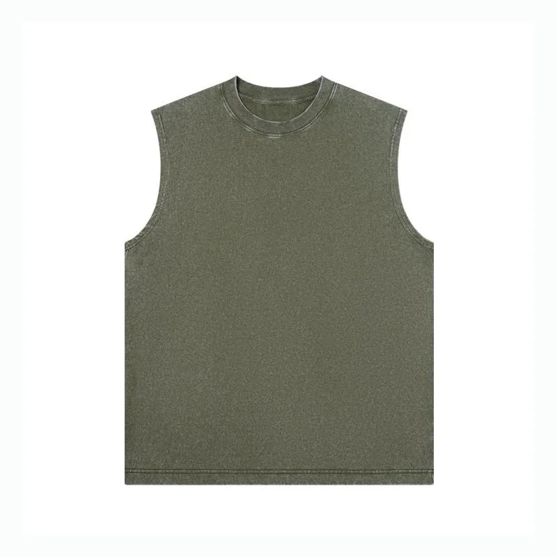 2026 Summer Men's Washed Cotton Tank Tops Muscle Gym Sleeveless Workout T Shirts Running Beach Loose Cutoff Tees