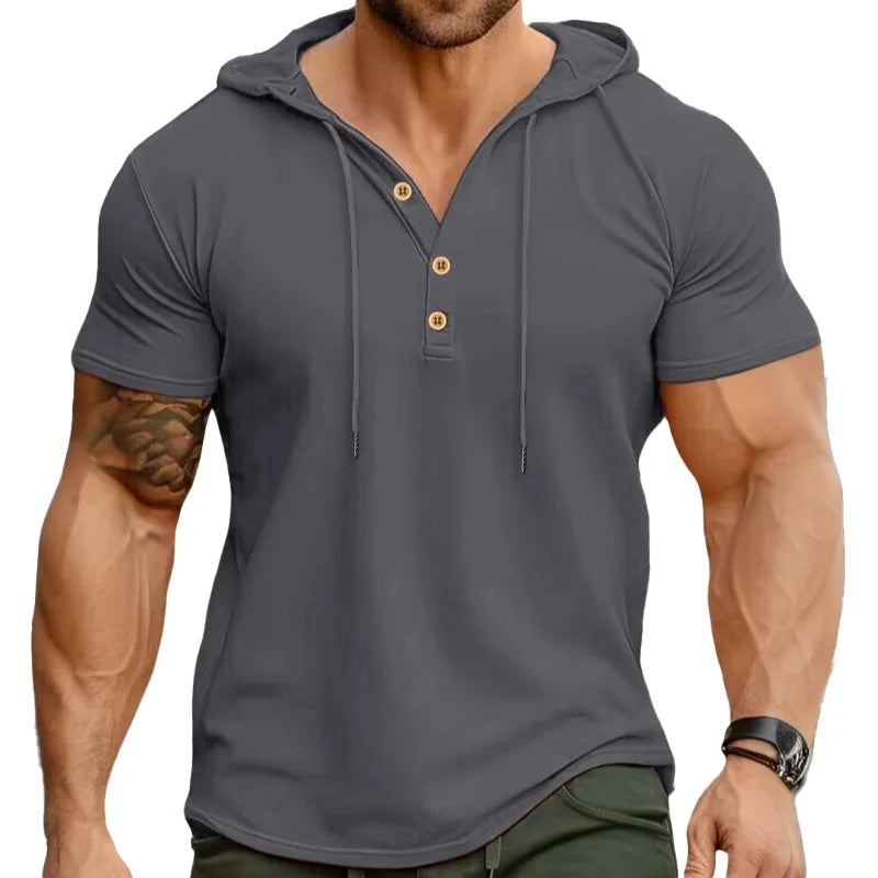 New Men Hooded T-Shirt Gym Fitness Bodybuilding Sport Hoodie Slim Solid Color Breathable Short Sleeve Muscle Henry Collar Shirt