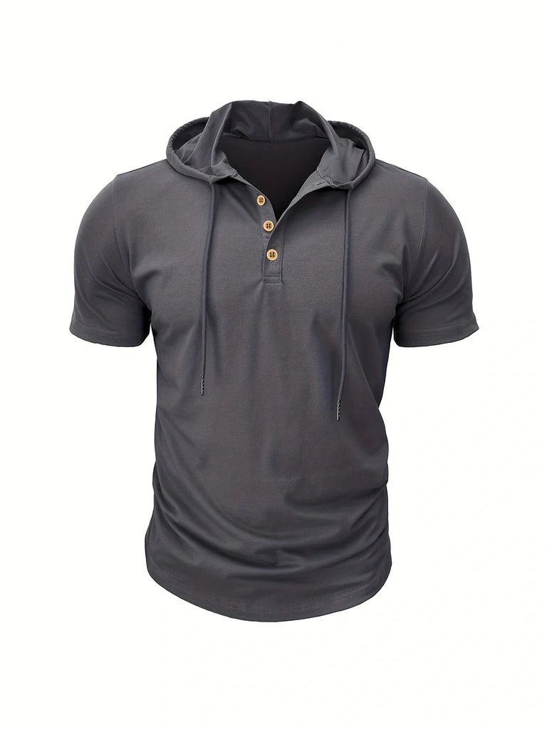 New Men Hooded T-Shirt Gym Fitness Bodybuilding Sport Hoodie Slim Solid Color Breathable Short Sleeve Muscle Henry Collar Shirt