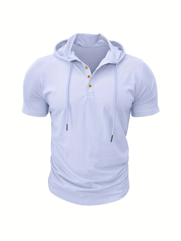 New Men Hooded T-Shirt Gym Fitness Bodybuilding Sport Hoodie Slim Solid Color Breathable Short Sleeve Muscle Henry Collar Shirt