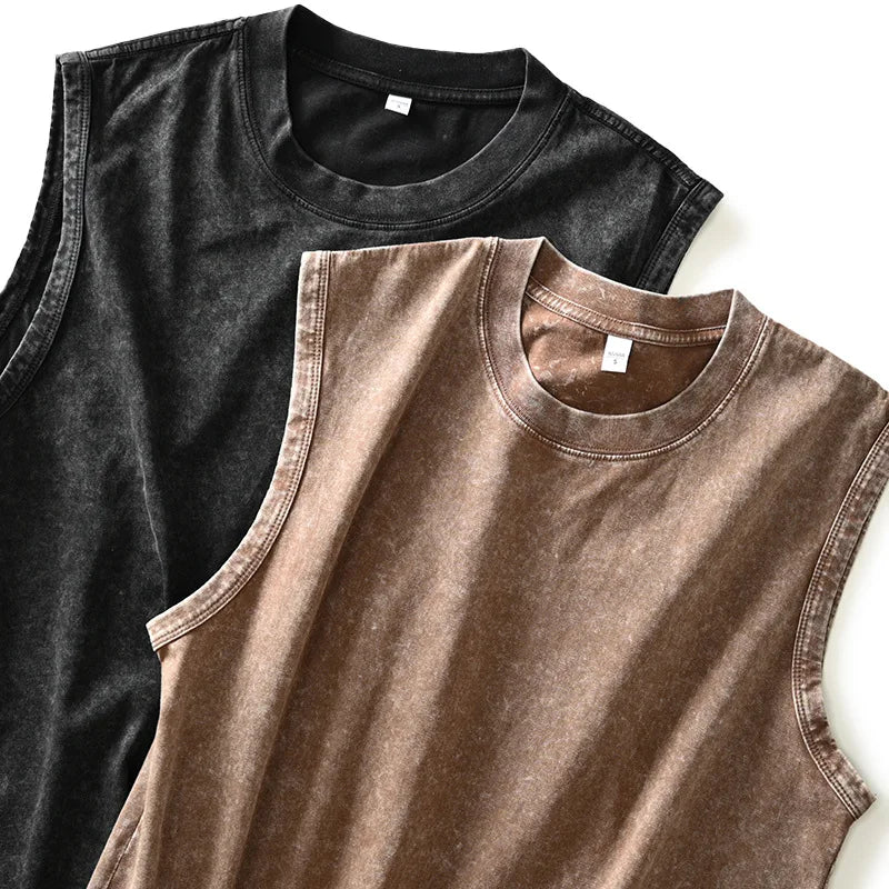 2026 Summer Men's Washed Cotton Tank Tops Muscle Gym Sleeveless Workout T Shirts Running Beach Loose Cutoff Tees